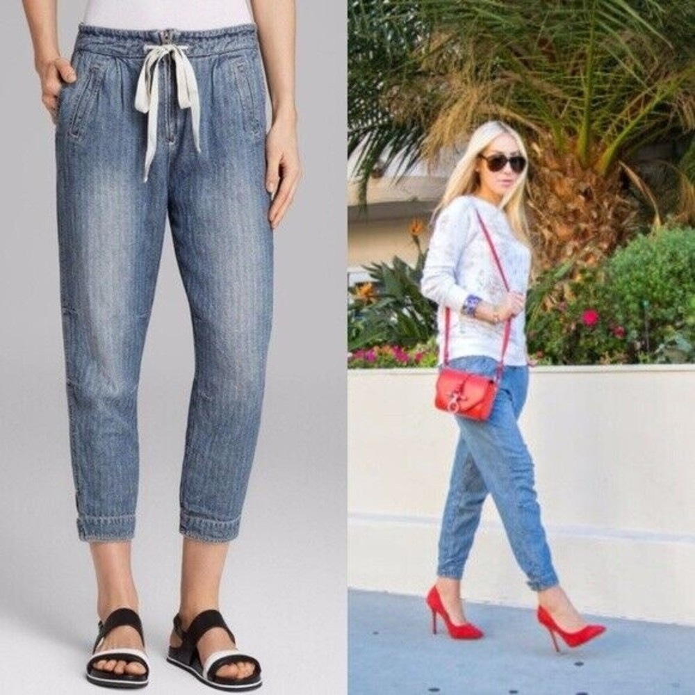 Free People Slouchy Easy Chambray Harem Cargo Drawstring  Jean Pant Size S NWT